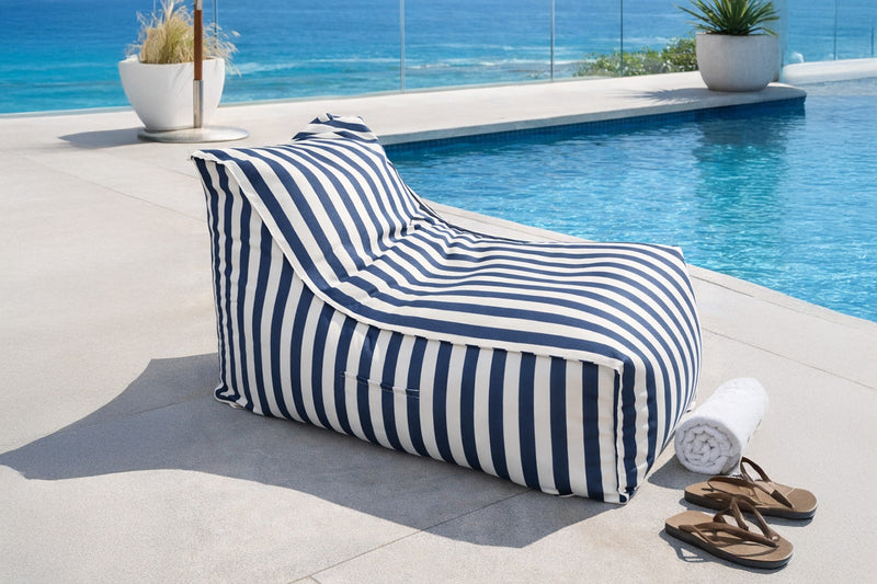 Pouf extérieur motif rayure bleu blanc Positano