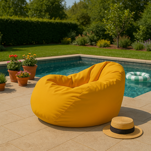 Pouf poire d'extérieur en mousse de polystyrène expansée recyclée Ohau jaune photo d'ambiance