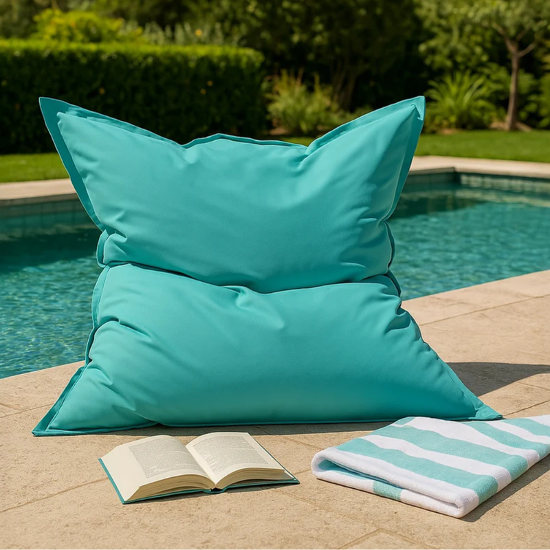Pouf rectangle XXL en mousse de polystyrène expansée recyclée Moku turquoise assise d'extérieur