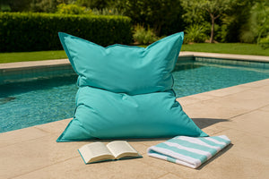 Pouf rectangle XXL en mousse de polystyrène expansée recyclée Moku turquoise assise d'extérieur