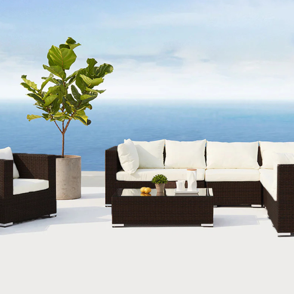 Salon de jardin modulable panoramique 8 places en résine tressée Salento marron et blanc ambiance