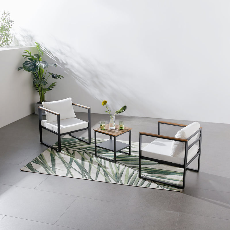 Salon de jardin 2 places noir et beige avec détails bois Vigo ensemble qui s'adapte à tous les extérieurs