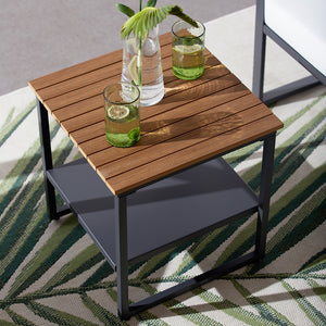 Salon de jardin 2 places noir et beige avec détails bois Vigo table carrée fonctionnelle