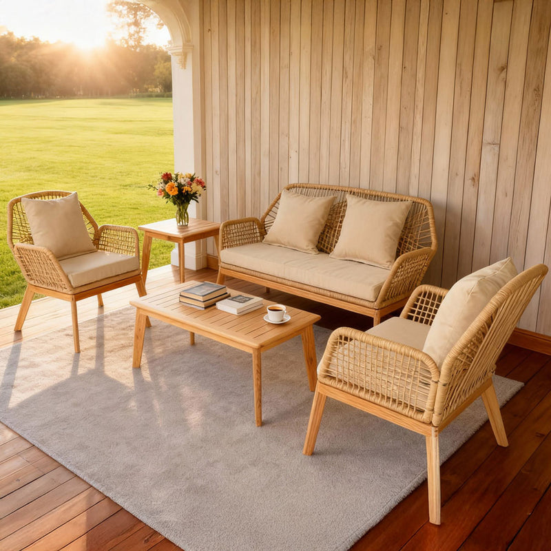 Salon de jardin 4 places en bois avec 2 tables Rosario beige et bois ambiance