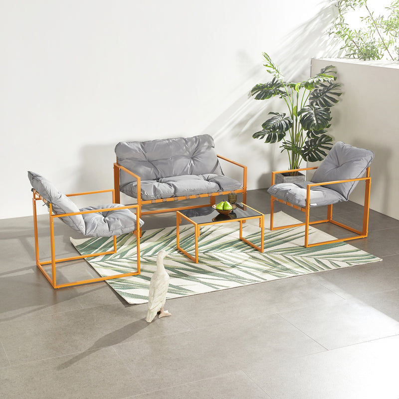 Salon de jardin 4 places contemporain brun et gris Rabat ensemble complet avec table