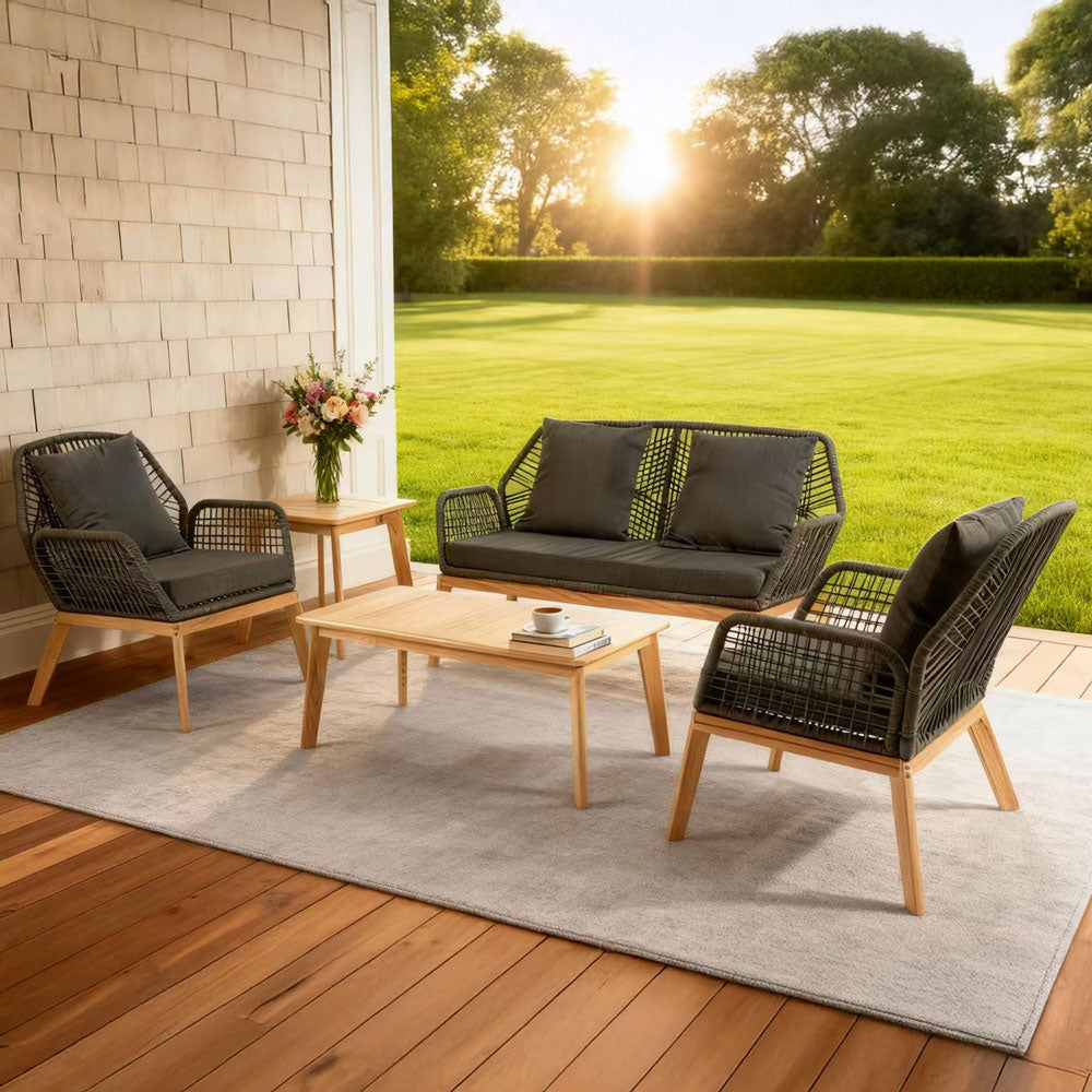 Salon de jardin 4 places en bois avec 2 tables Rosario gris et bois ambiance