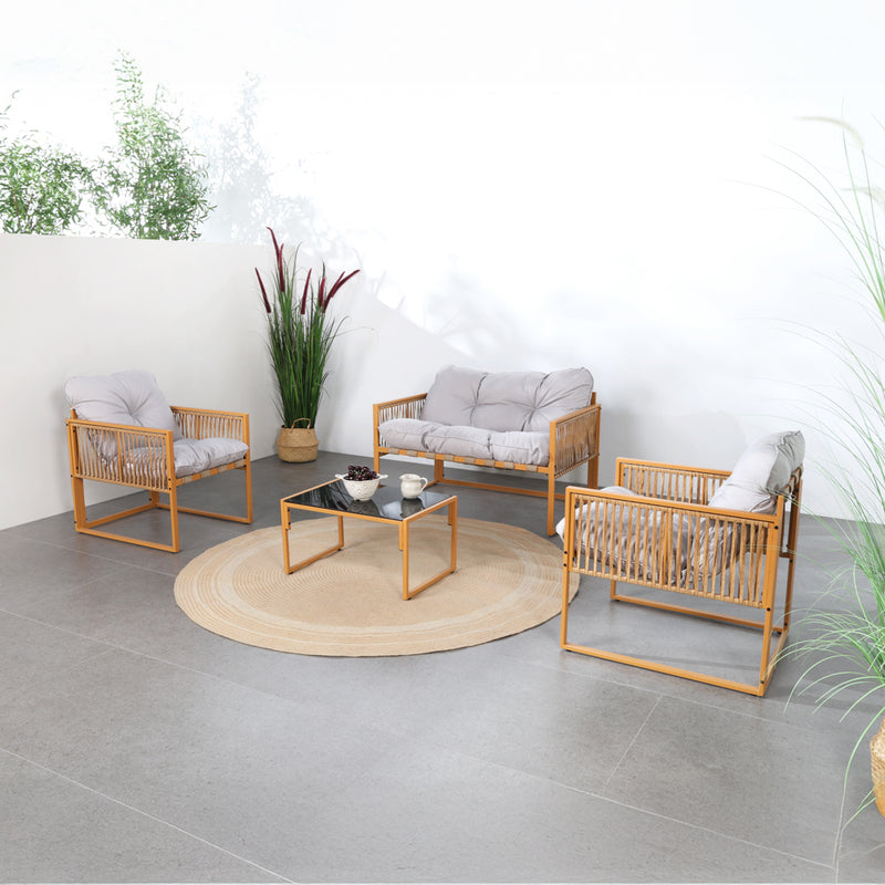 Salon de jardin 4 places effet rotin rotin naturel et gris clair Turini ensemble complet