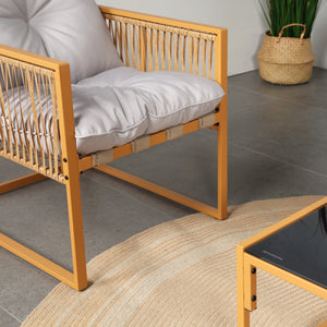 Salon de jardin 4 places effet rotin marron et gris clair Turini coussins épais et confortables