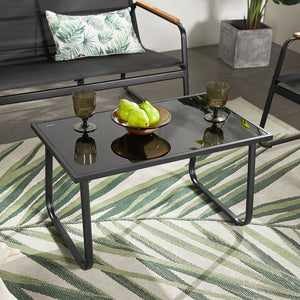 Salon de jardin 4 places en toile de polyester noir Aurora zoom table avec plateau en verre trempé