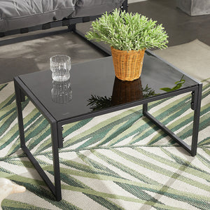 Salon de jardin 4 places contemporain noir et gris Rabat table avec plateau en verre trempé