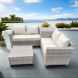 Salon de jardin d'angle 4 places en résine tressée avec table et coffre de rangement gris et beige Abacos mise en situation