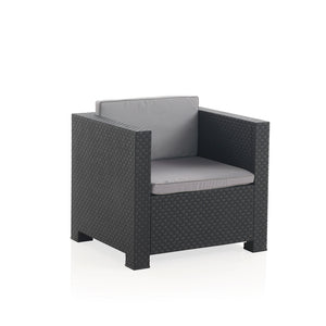 Salon de jardin 4 places en résine tressée gris avec table basse coffre Solis fauteuil sur fond blanc