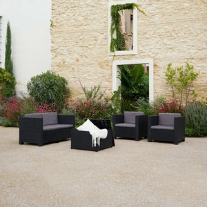 Salon de jardin 4 places en résine tressée gris avec table basse coffre Solis avec table basse coffre rangement