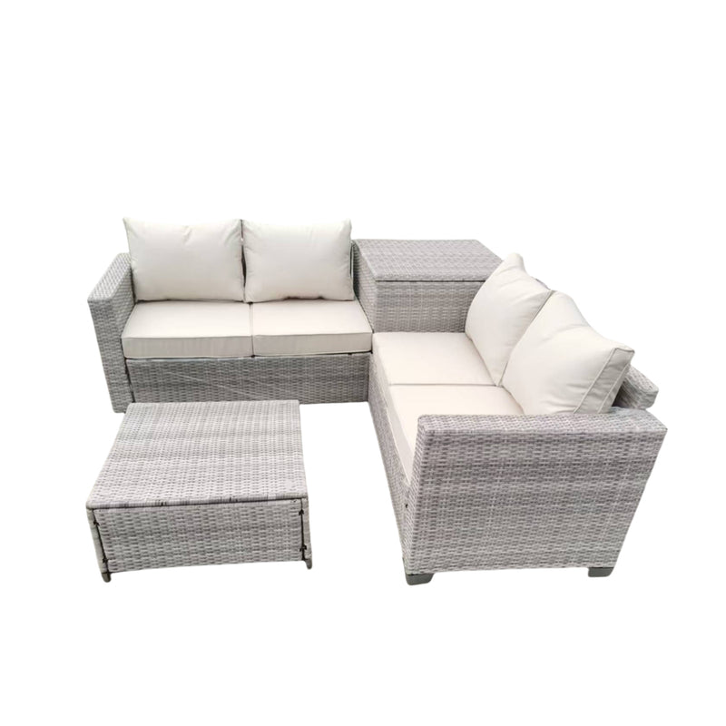 Salon de jardin d'angle 4 places en résine tressée avec table et coffre de rangement gris et beige Abacos packshot