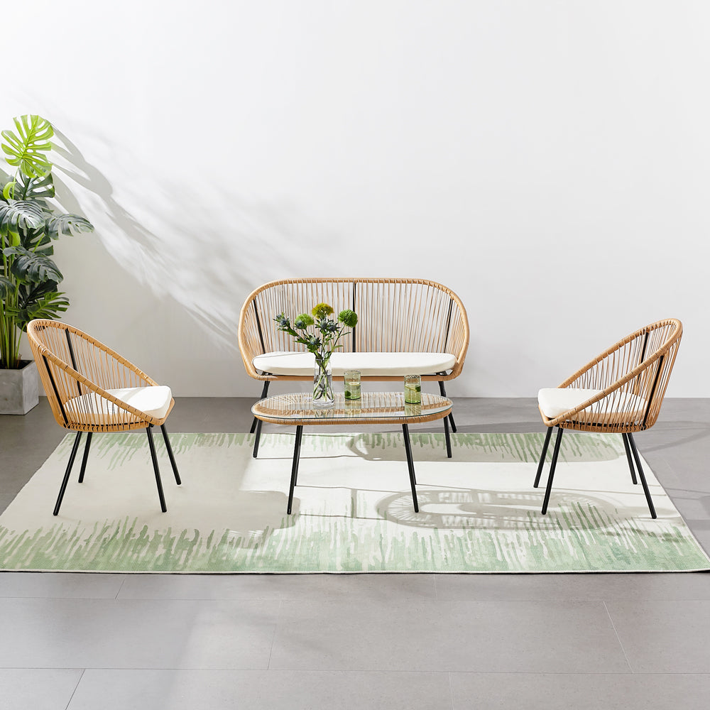  Salon de jardin 4 places esprit rotin naturel et coussins beiges Ravello ensemble complet