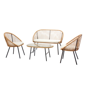 Salon de jardin 4 places esprit rotin naturel et coussins beiges Ravello packshot ensemble complet