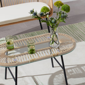  Salon de jardin 4 places esprit rotin naturel et coussins beiges Ravello zoom table avec plateau en verre trempé