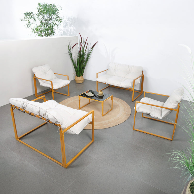 Salon de jardin 6 places contemporain marron et coussins beiges Rabat ensemble complet