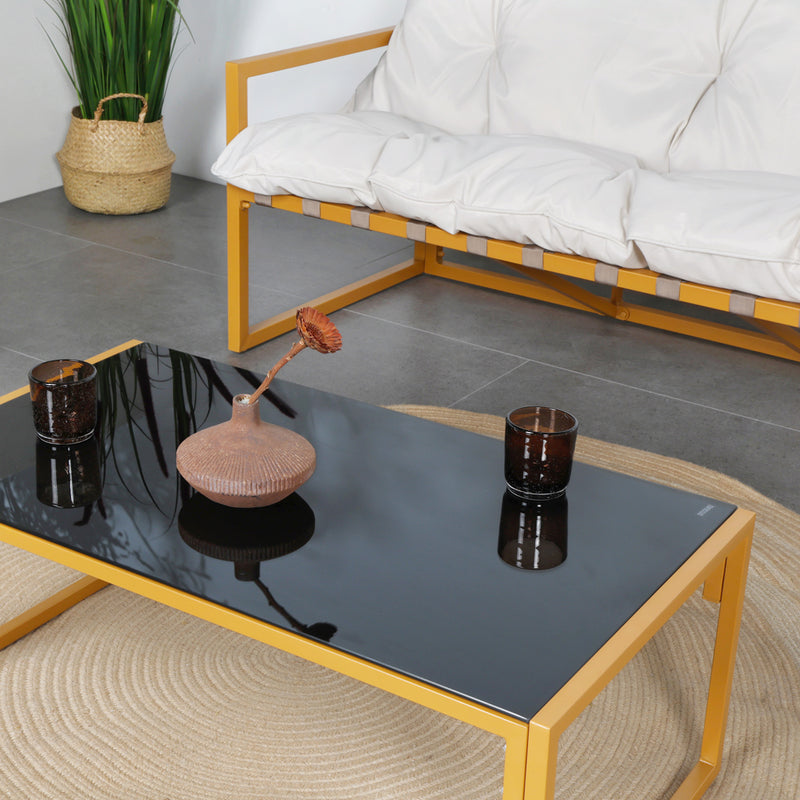 Salon de jardin 6 places contemporain marron et coussins beiges Rabat table avec plateau en verre trempé
