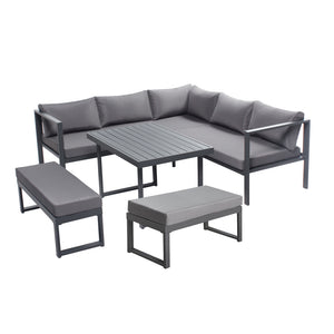 Salon de jardin gris foncé 7 places canapé et bancs Marbella packshot 