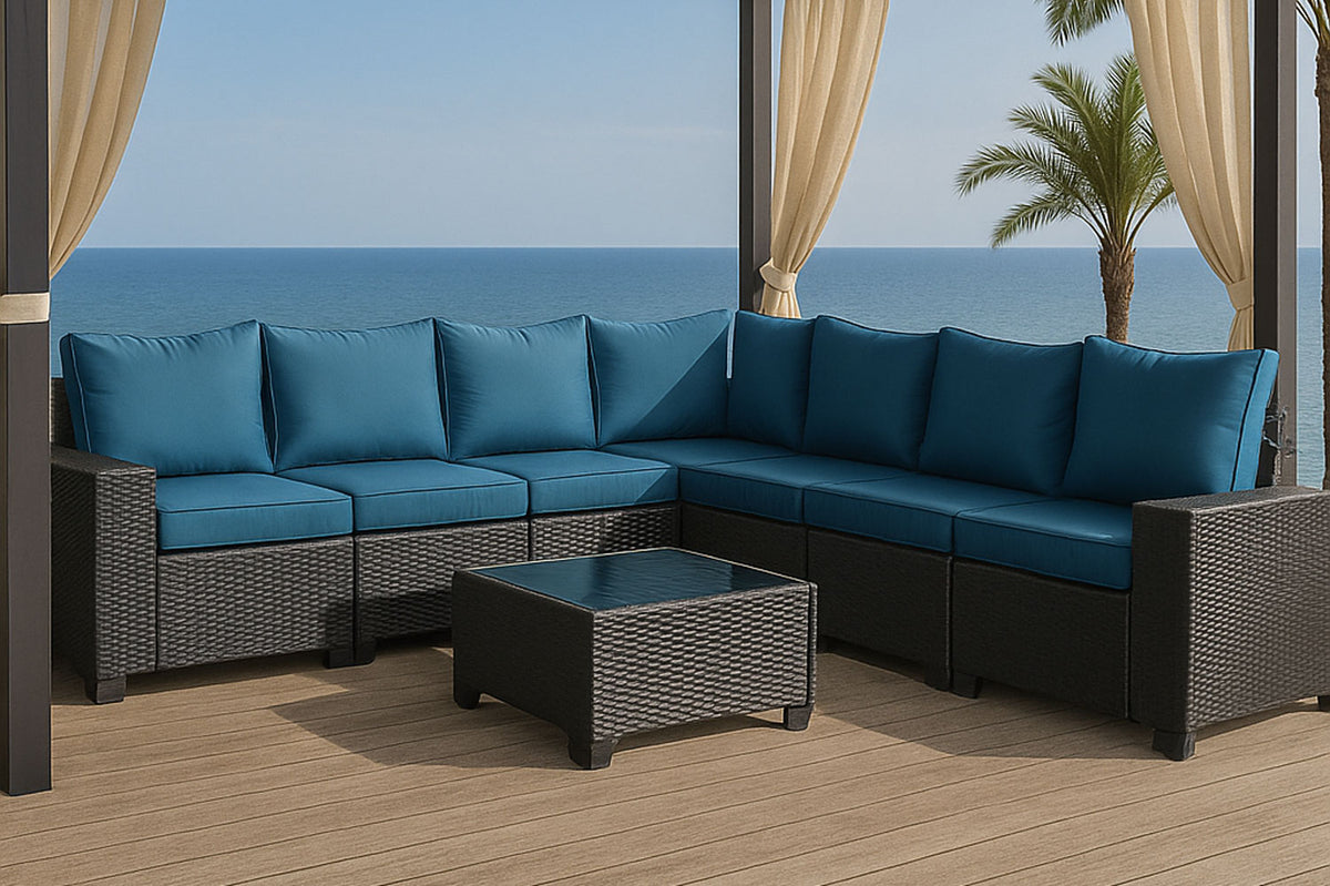Salon de jardin d'angle 7 places en résine tressée avec table Lazaro bleu et gris ambiance