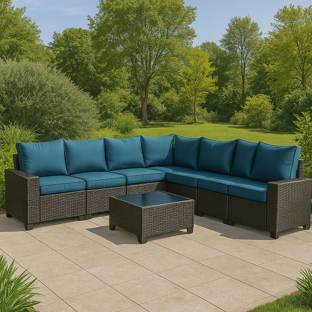 Salon de jardin d'angle 7 places en résine tressée avec table Lazaro bleu et gris terrasse