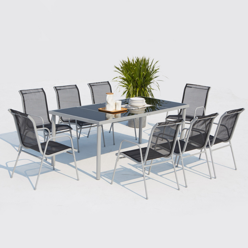 Salon de jardin 8 places gris Lusiana ensemble complet