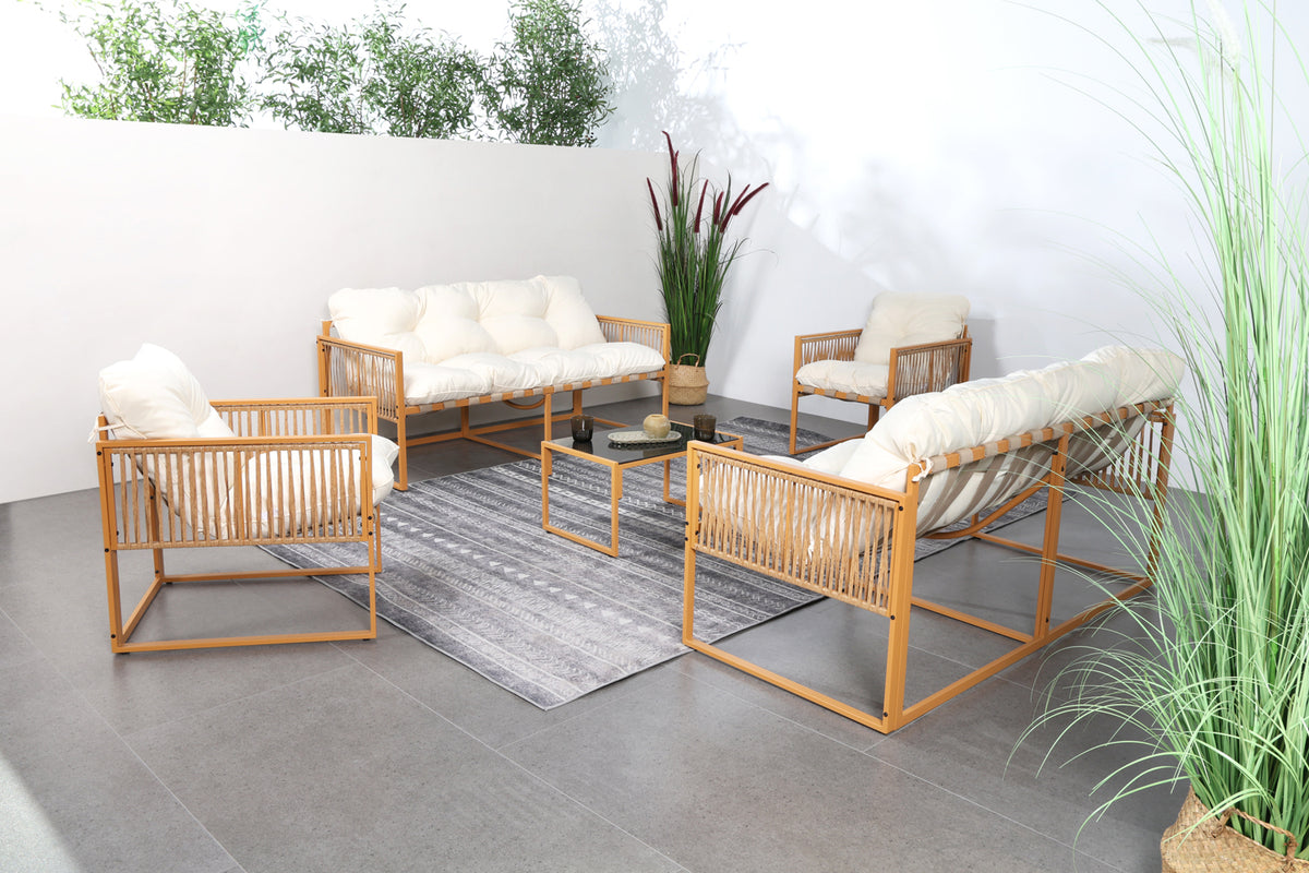 Salon de jardin 8 places effet rotin rotin naturel et blanc Turini photo d'ambiance