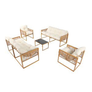 Salon de jardin 8 places effet rotin marron et blanc Turini packshot ensemble complet