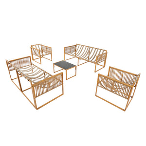 Salon de jardin 8 places effet rotin marron et blanc Turini packshot ensemble complet structure