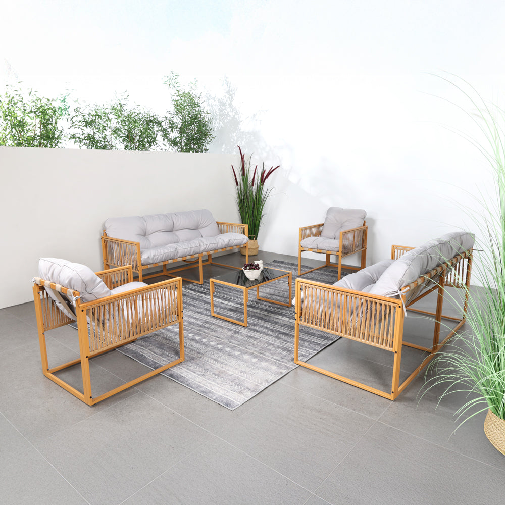 Salon de jardin 8 places effet rotin rotin naturel et gris clair Turini photo d'ambiance