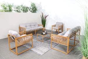 Salon de jardin 8 places effet rotin marron et gris clair Turini photo d'ambiance