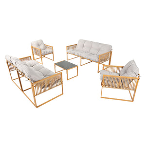 Salon de jardin 8 places effet rotin marron et gris clair Turini packshot ensemble complet