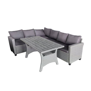 Salon de jardin d'angle 6 places en résine tressée grise avec table Tahaa packshot avec table plateau effet bois