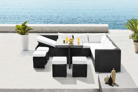 salon de jardin 10 places en résine tressée encastrable Samoa noir et blanc