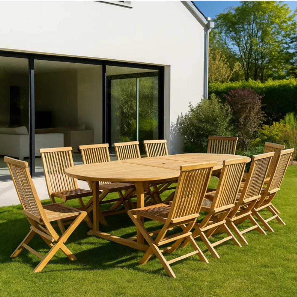 salon de jardin extensible avec table ovale 10 places en teck kajang ambiance paysage concept usine