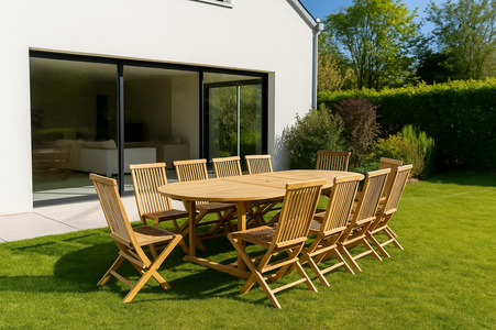 salon de jardin extensible avec table ovale 10 places en teck kajang ambiance paysage concept usine