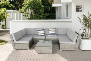 salon de jardin et résine tressée aldabra format rectangle image gris et gris