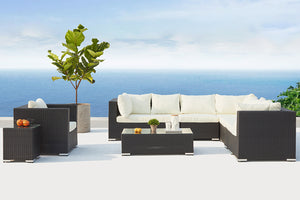 Salon de jardin modulable panoramique 8 places en résine tressée Salento noir et blanc ambiance