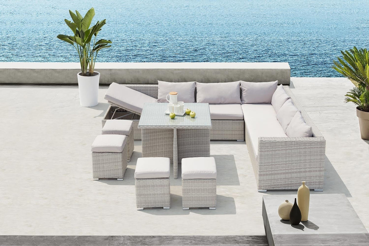 salon de jardin encastrable en résine tressée Gris clair pour 10 personnes