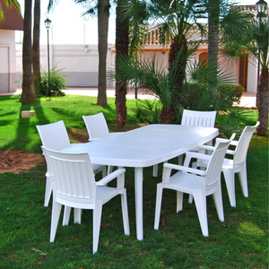 Table extensible 4 à 8 places blanche 170x90x73 Atlantica avec 6 chaises en extérieur