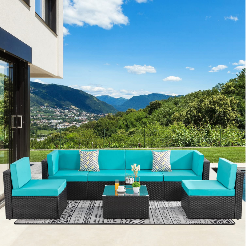 Salon de jardin modulable en résine tressée 6 places Bastia marron et bleu