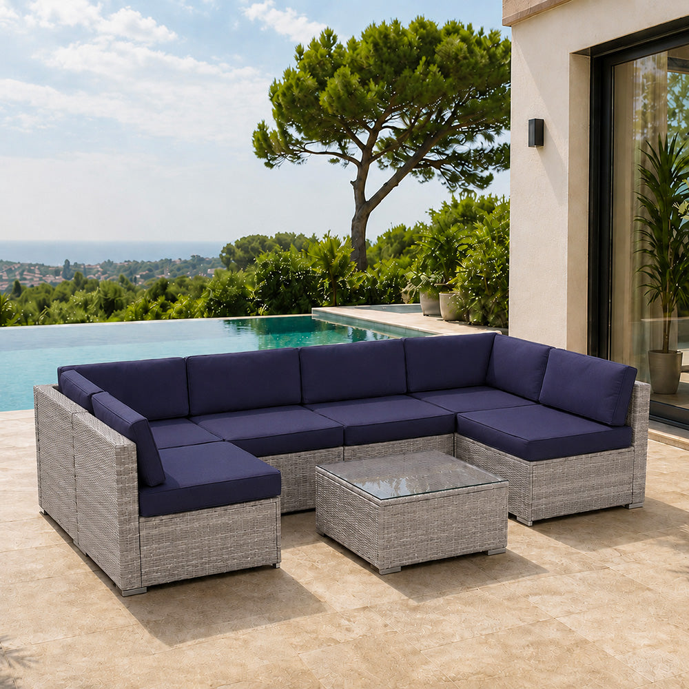 Salon de jardin 6 places modulable en résine tressée gris et bleu QAMEA