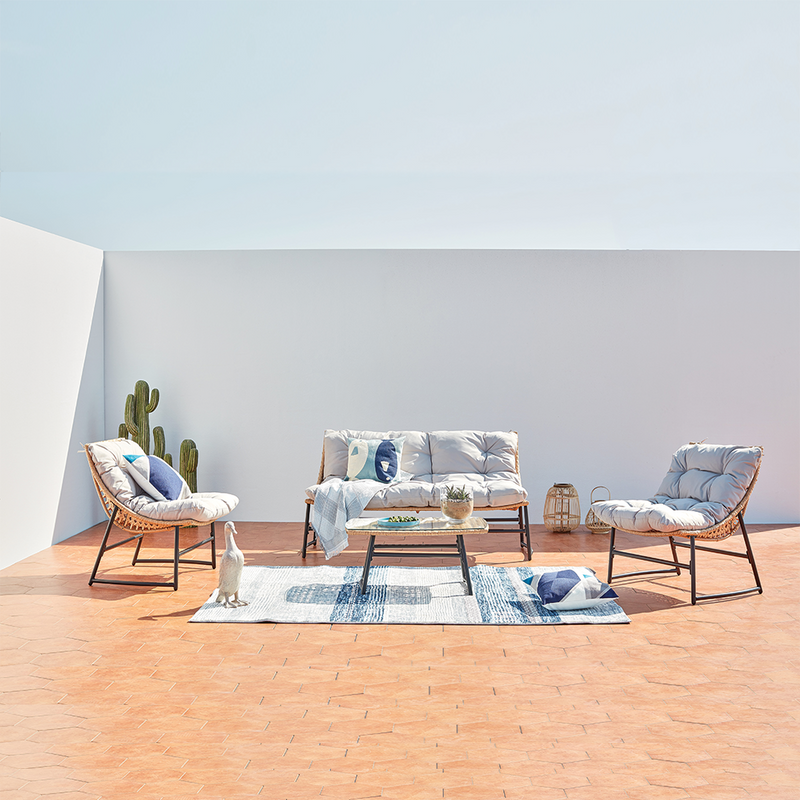salon de jardin en rotin Naturel Guahana avec coussins beige