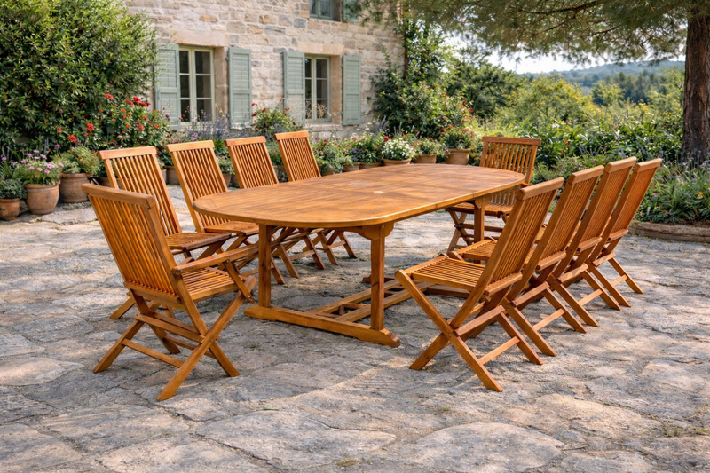 salon de jardin en teck huilé ovale 8 chaises et 2 fauteuils