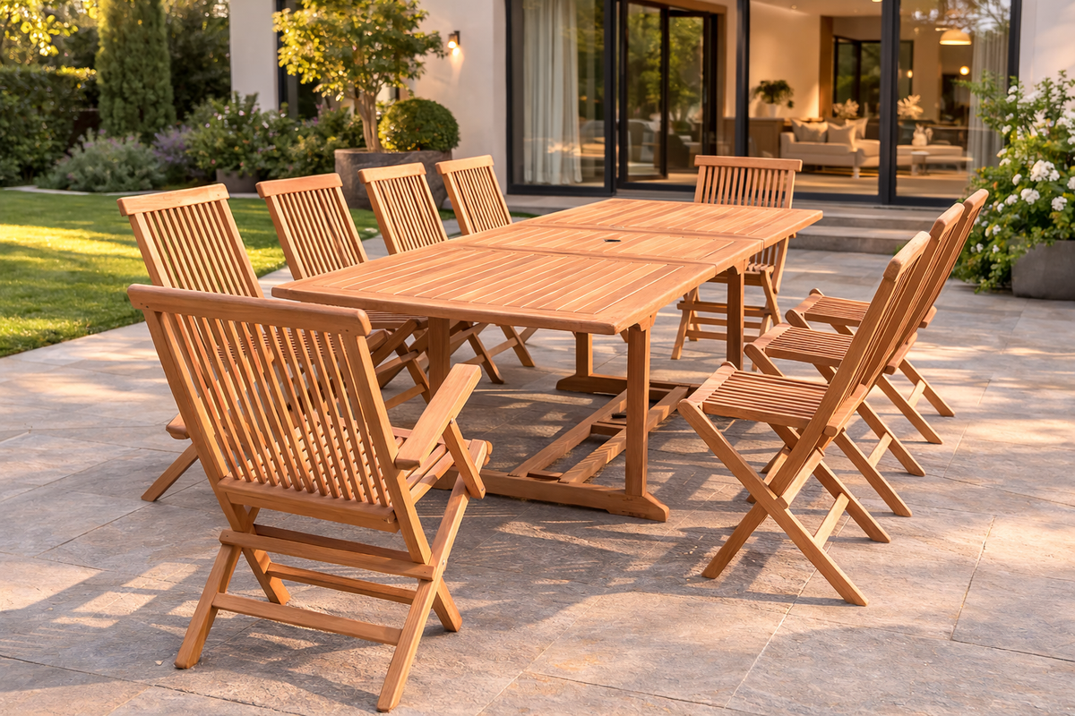 salon de jardin en teck rectangulaire 8 chaises et 2 fauteuils