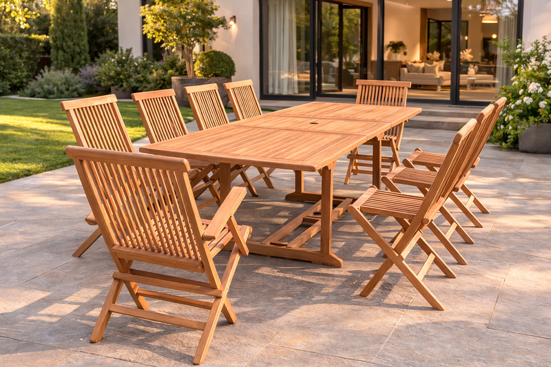 salon de jardin en teck rectangulaire 8 chaises et 2 fauteuils