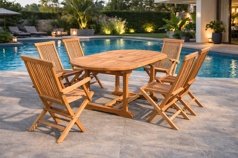 salon de jardin repas teck 4 chaises et 2 fauteuils