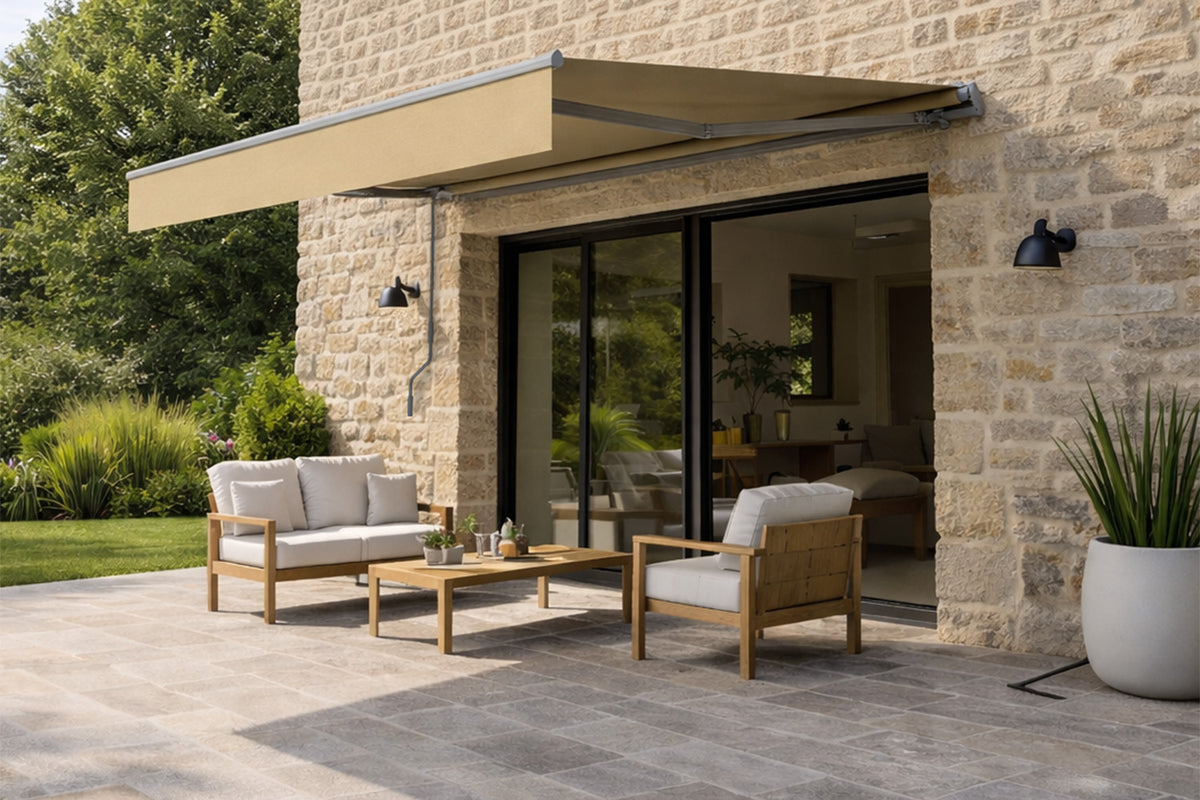 Store banne manuel 295 x 250 cm en aluminium en toile taupe