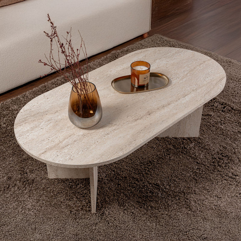 Table basse ovale effet travertin 119x60cm Lyu vue de dessus